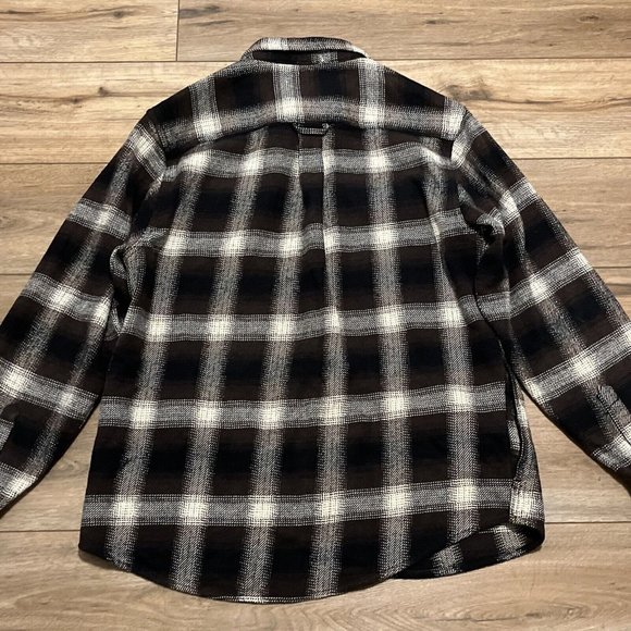 Men's Orvis Button Up Plaid Flannel Shirt LARGE Brown Black Pockets Shacket - Picture 12 of 12